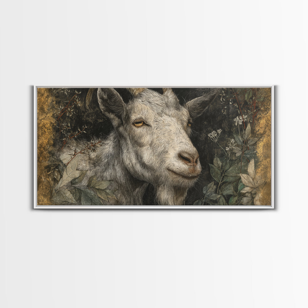 Goat Portrait with Rustic Folk Art Personality Canvas Print, Animal Art, Contemporary Art, Living Room Decor, Creature, ANI-2x1-41