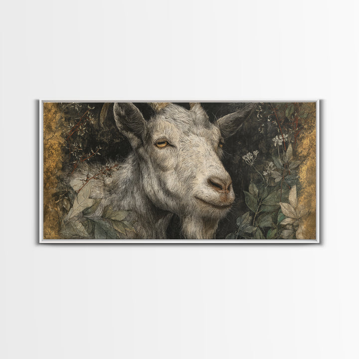 Goat Portrait with Rustic Folk Art Personality Canvas Print, Animal Art, Contemporary Art, Living Room Decor, Creature, ANI-2x1-41
