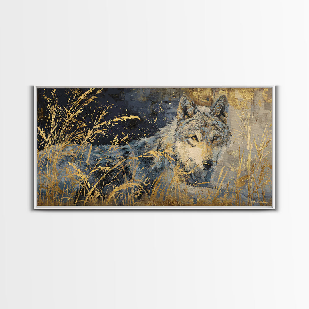 Wolf Silhouette Beneath a Star Filled Sky Framed Canvas Print, Animal Art, Statement Artwork, Living Room Decor, Creature, ANI-2x1-42