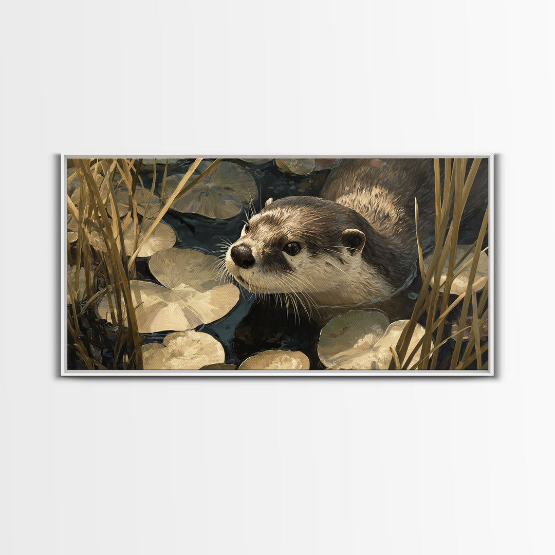 Playful Otter Floating Among Lily Pads Canvas Print, Animal Art, Decor, Living Room Decor, Fine Art, Creature, Digital Print, ANI-2x1-52
