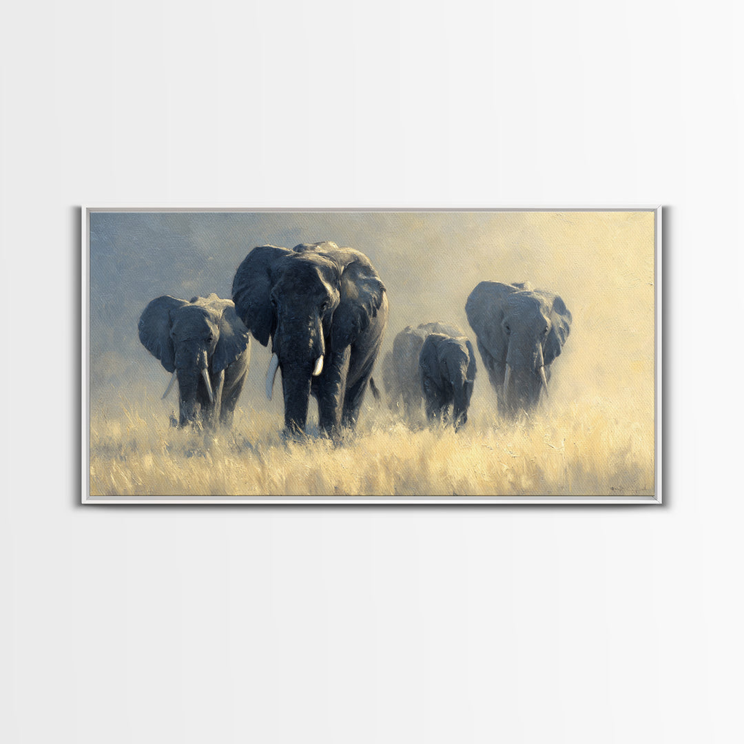 Elephant Family Walking Through Dusty Golden Light Canvas Print, Animal Art, Wall Art, Living Room Decor, Fine Art, Creature, ANI-2x1-58