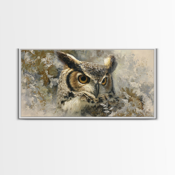 Owl with Moonlit Feathers and Celestial Accents Framed Canvas Print, Animal Art, Nursery, Living Room Decor, Watercolor Art, ANI-2x1-59
