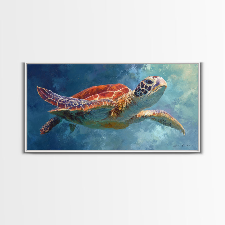 Sea Turtle Drifting Through Luminous Blue Water Canvas Print, Animal Art, Room Decor, Living Room Decor, Oil Painting, Creature, ANI-2x1-62