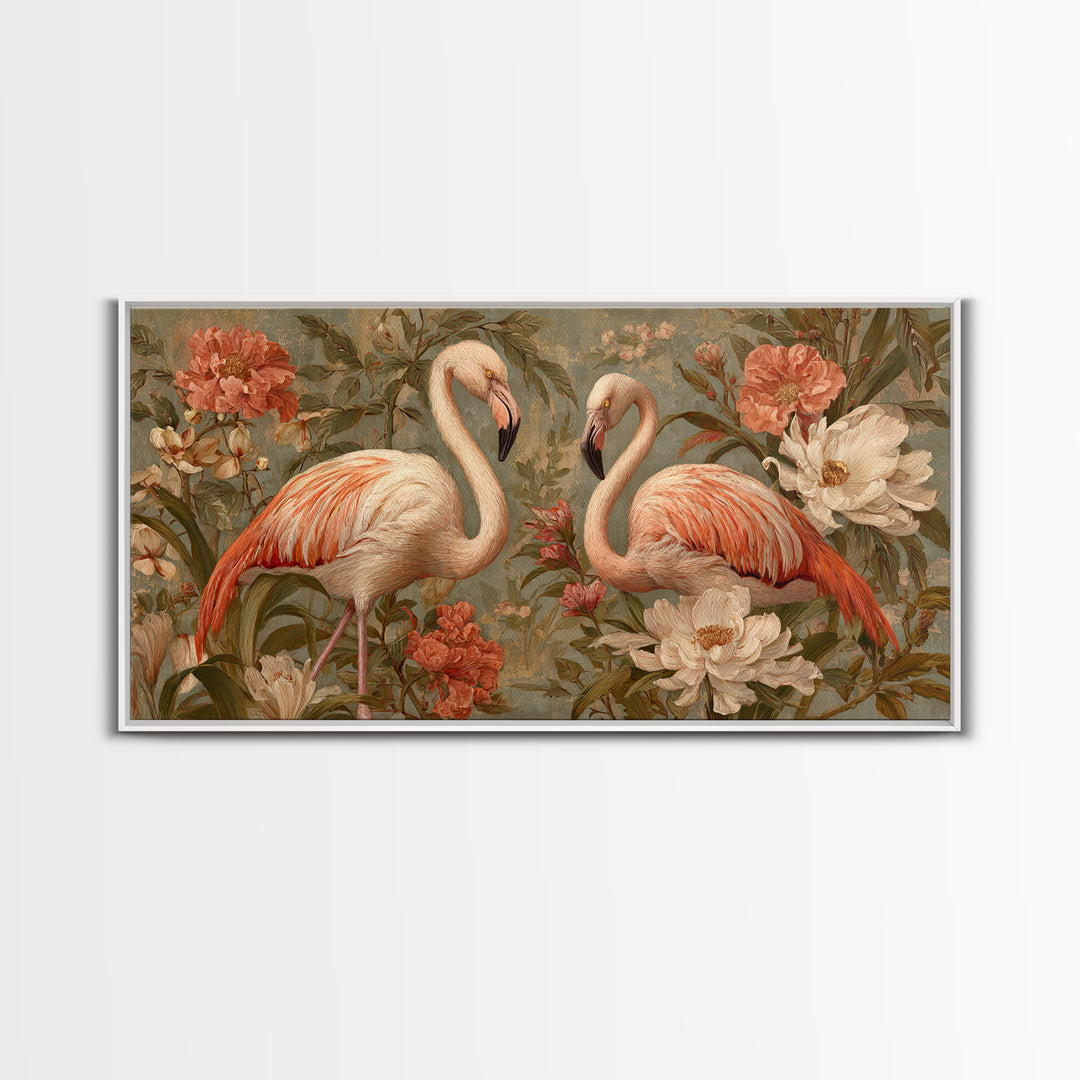 Flamingo Pair in Elegant Coral and Cream Canvas Print, Animal Art, Nursery Wall Art, Living Room Decor, Fine Art, Creature, ANI-2x1-63