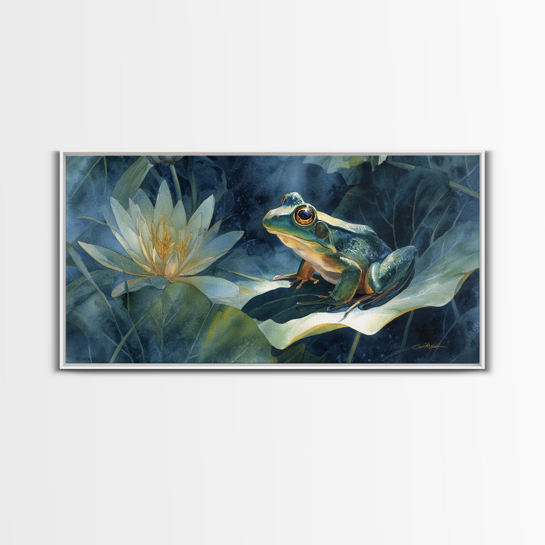 Frog on a Lotus Leaf Canvas Print, Animal Art, Digital Art, Living Room Decor, Oil Painting, Creature, Farmhouse Decor, ANI-2x1-64