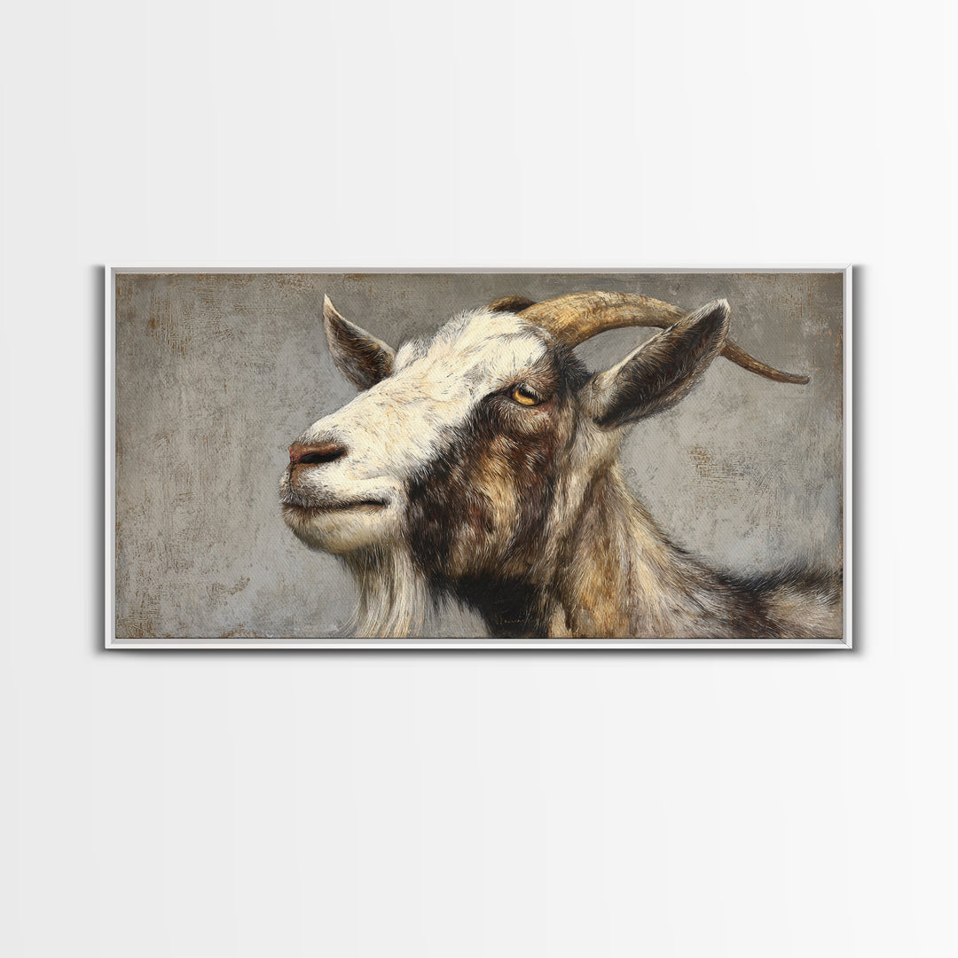 Goat Portrait with Rustic Folk Art Personality Framed Canvas Print, Animal Art, Digital Prints, Living Room Decor, Creature, ANI-2x1-65
