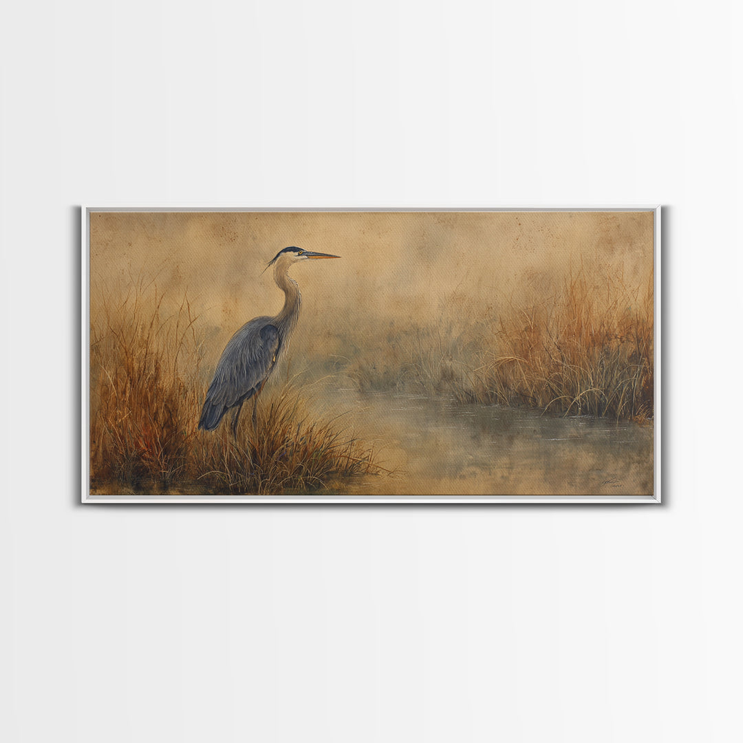 Blue Heron Standing Framed Canvas Print, Animal Art, Art, Living Room Decor, Fine Art, Creature, Original Art, Nursery Wall Art, ANI-2x1-7