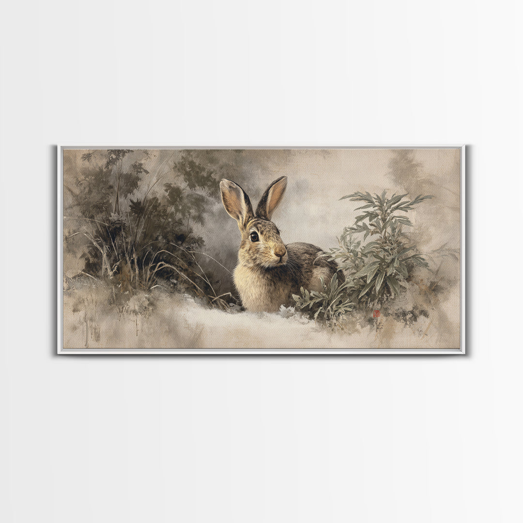 Curious Rabbit in a Soft Watercolor Meadow Canvas Print, Animal Art, Digital Art, Living Room Decor, Fine Art, Creature, ANI-2x1-73