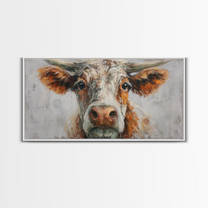 Gentle Cow Portrait Framed Canvas Print, Animal Art, Boho Decor, Living Room Decor, Oil Painting, Creature, Digital Prints, ANI-2x1-75