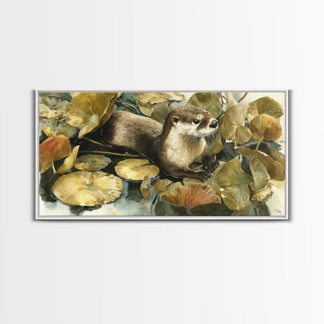 Playful Otter Floating Among Lily Pads Canvas Print, Animal Art, Nursery Wall Art, Living Room Decor, Fine Art, Creature, ANI-2x1-76