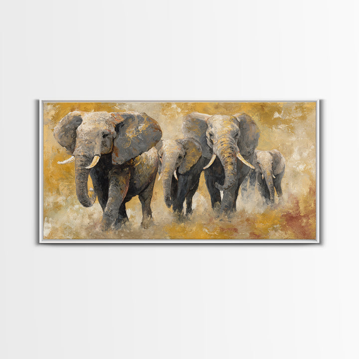 Elephant Family Walking Through Dusty Golden Light Canvas Print, Animal Art, Wall Art, Living Room Decor, Fine Art, Creature, ANI-2x1-82