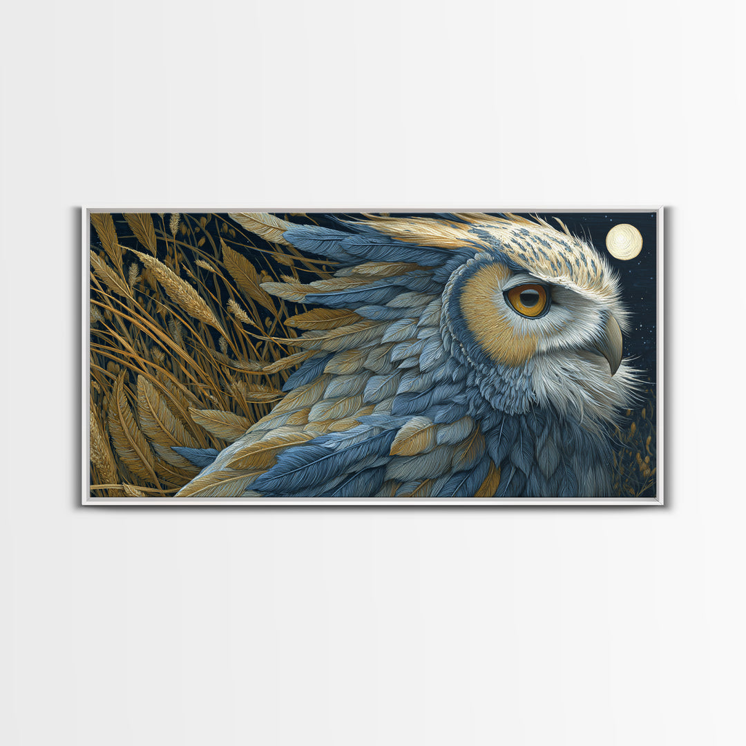 Owl with Moonlit Feathers and Celestial Accents Framed Canvas Print, Animal Art, Contemporary Art, Living Room Decor, Creature, ANI-2x1-83