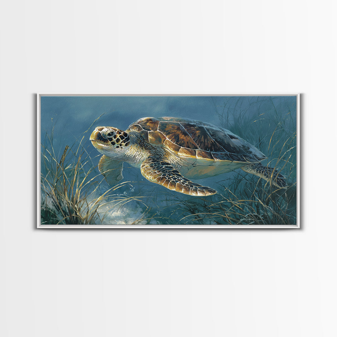 Sea Turtle Drifting Through Luminous Blue Water Framed Canvas Print, Animal Art, Home Decor, Living Room Decor, Creature, ANI-2x1-86