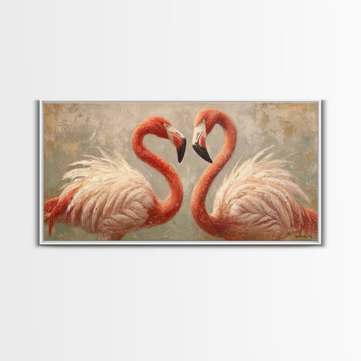 Flamingo Pair in Elegant Coral and Cream Framed Canvas Print, Animal Art, Living Room Decor, Fine Art, Creature, Fine Art Print, ANI-2x1-87