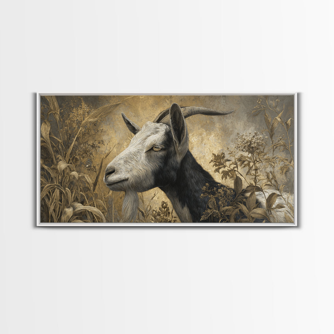 Goat Portrait with Rustic Folk Art Personality Canvas Print, Animal Art, Oil Painting, Living Room Decor, Fine Art, Creature, ANI-2x1-89