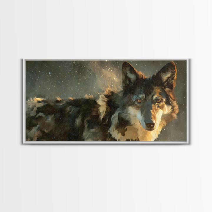 Wolf Silhouette Beneath a Star Filled Sky Framed Canvas Print, Animal Art, Art, Living Room Decor, Oil Painting, Creature, ANI-2x1-90