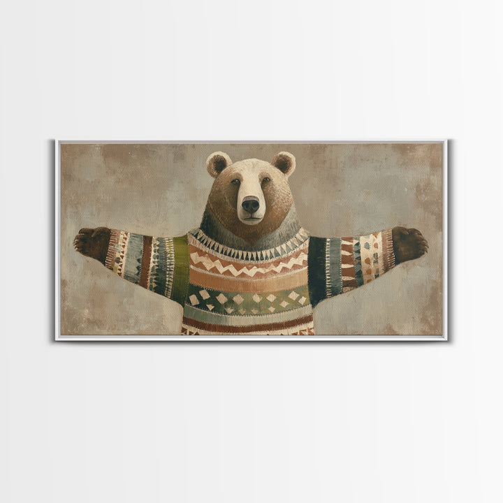 Whimsical Bear in a Patterned Sweater with Canvas Print, Animal Art, Wall Decor, Living Room Decor, Fine Art, Creature, ANI-2x1-94