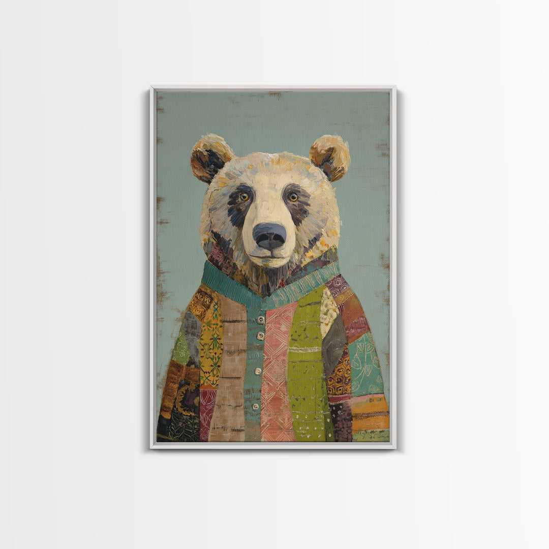 Whimsical Bear in a Patterned Sweater with Canvas Print, Animal Art, Luxury Decor, Living Room Decor, Fine Art, Creature, ANI-2x3-10