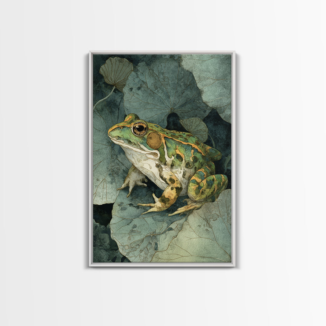 Frog on a Lotus Leaf Framed Canvas Print, Animal Art, Art Print, Living Room Decor, Watercolor Art, Creature, Digital Art, ANI-2x3-100