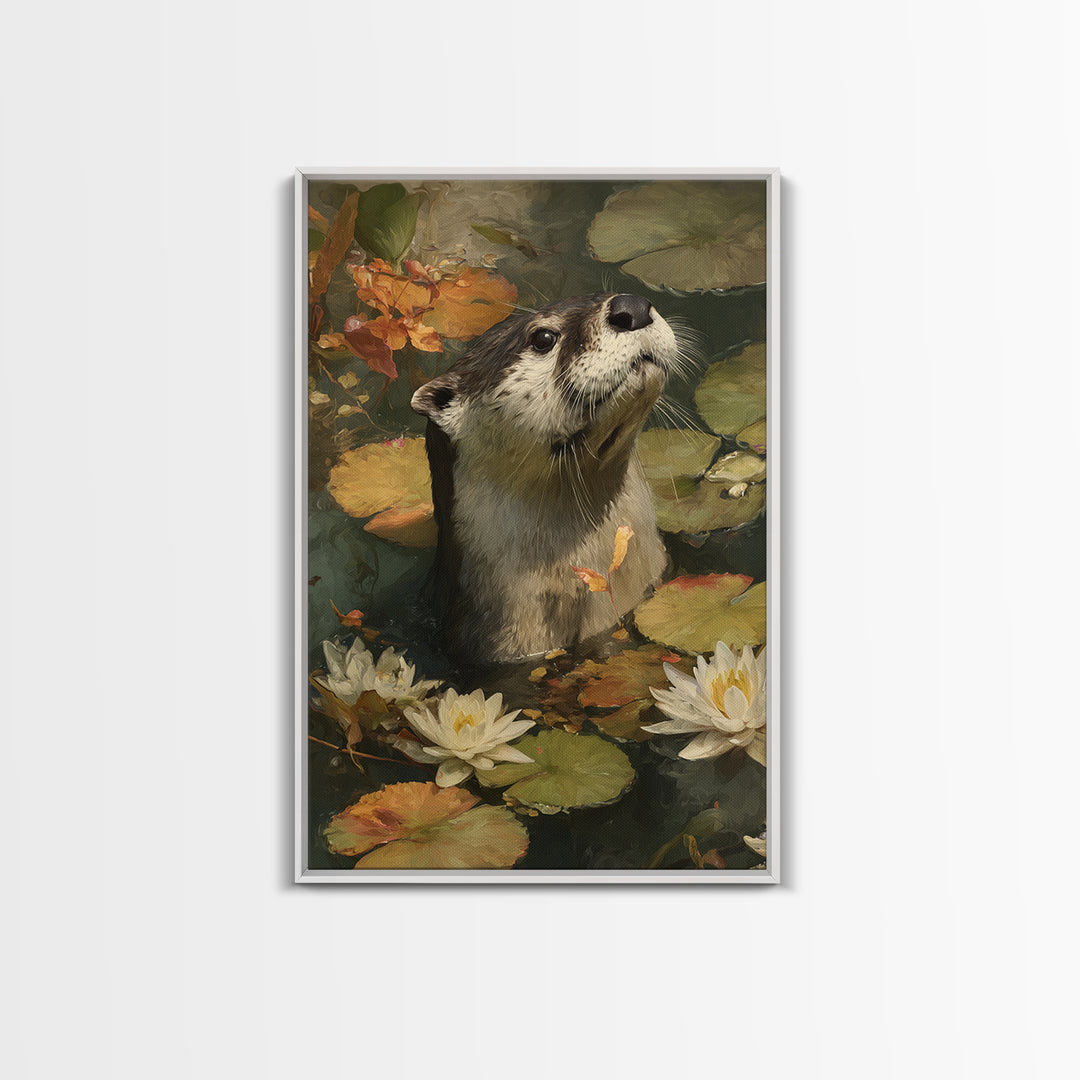 Playful Otter Floating Among Lily Pads Canvas Print, Animal Art, Boho Wall Art, Living Room Decor, Fine Art, Creature, ANI-2x3-16
