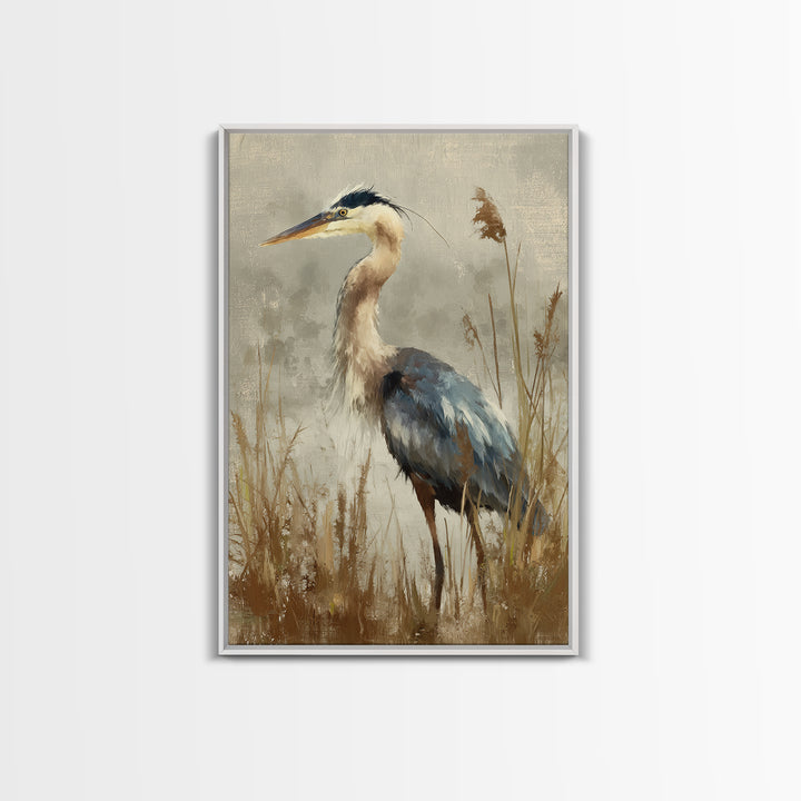 Blue Heron Standing Framed Canvas Print, Animal Art, Neutral Decor, Living Room Decor, Fine Art, Creature, Wall Art, Home Decor, ANI-2x3-19