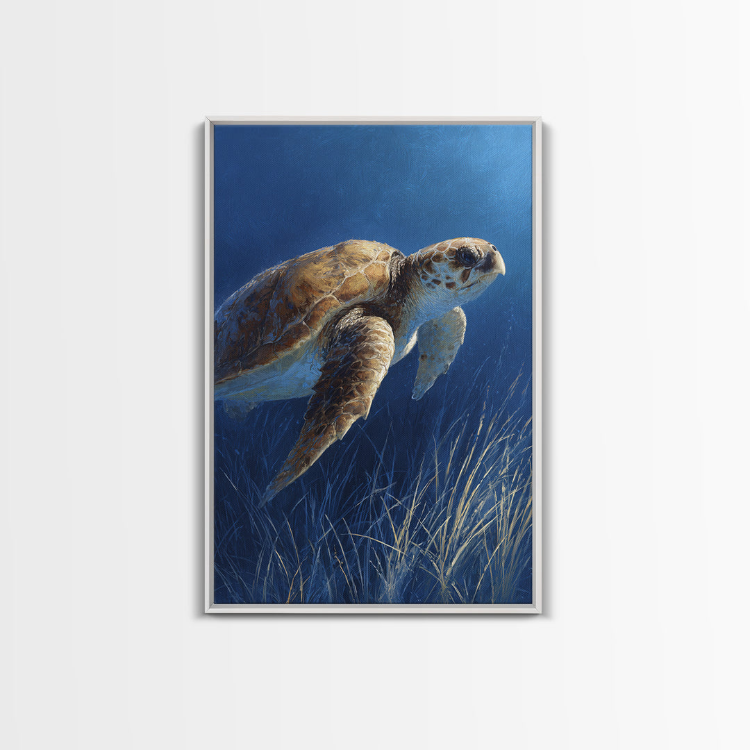 Sea Turtle Drifting Through Luminous Blue Water Framed Canvas Print, Animal Art, Boho Decor, Living Room Decor, Abstract Art, ANI-2x3-2