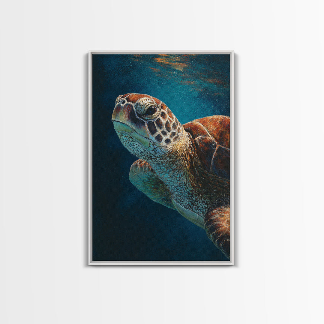 Sea Turtle Drifting Through Luminous Blue Water Framed Canvas Print, Animal Art, Boho Decor, Living Room Decor, Abstract Art, ANI-2x3-26