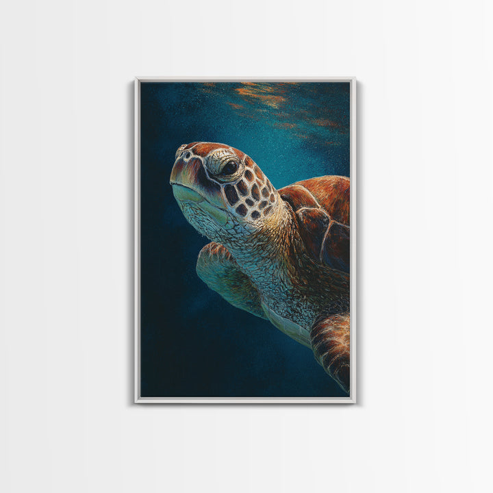 Sea Turtle Drifting Through Luminous Blue Water Framed Canvas Print, Animal Art, Boho Decor, Living Room Decor, Abstract Art, ANI-2x3-26
