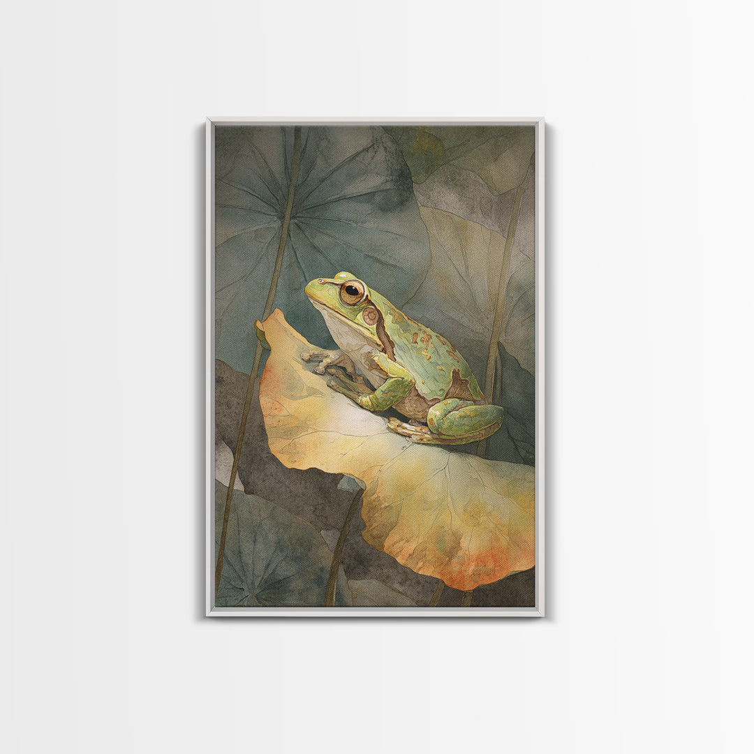 Frog on a Lotus Leaf Framed Canvas Print, Animal Art, Art Deco, Living Room Decor, Oil Painting, Creature, Cat Art, ANI-2x3-28