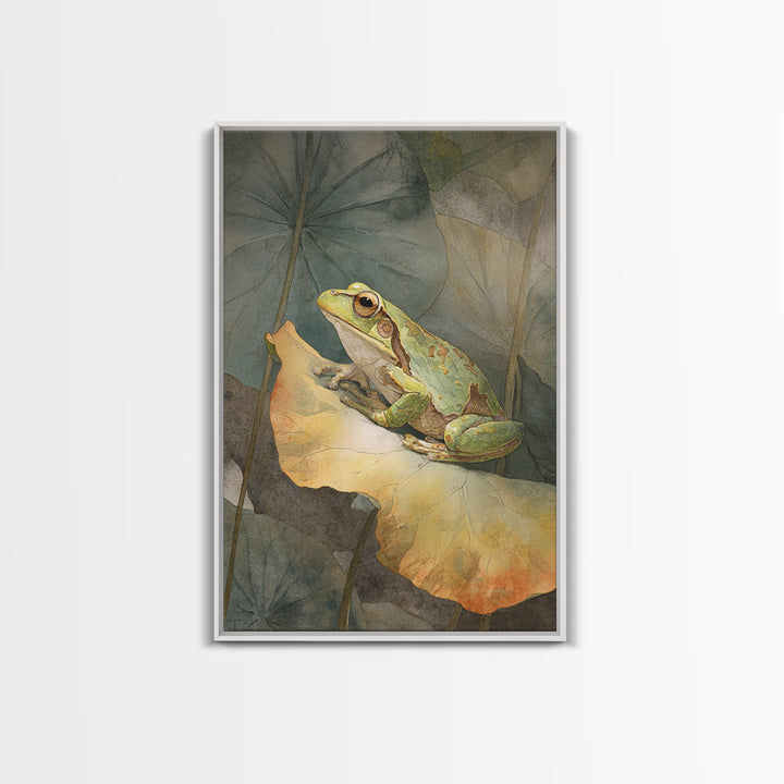 Frog on a Lotus Leaf Framed Canvas Print, Animal Art, Art Deco, Living Room Decor, Oil Painting, Creature, Cat Art, ANI-2x3-28