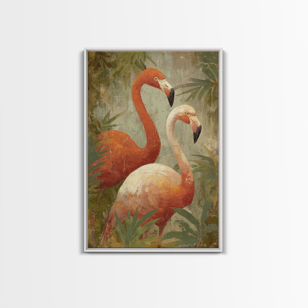 Flamingo Pair in Elegant Coral and Cream Framed Canvas Print, Animal Art, Trendy Wall Art, Living Room Decor, Creature, ANI-2x3-3