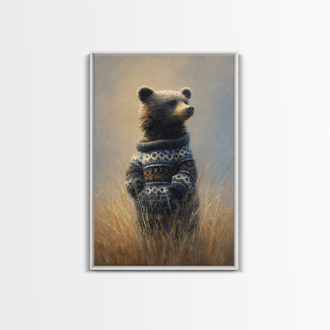 Whimsical Bear in a Patterned Sweater with Framed Canvas Print, Animal Art, Contemporary Art, Living Room Decor, Creature, ANI-2x3-34