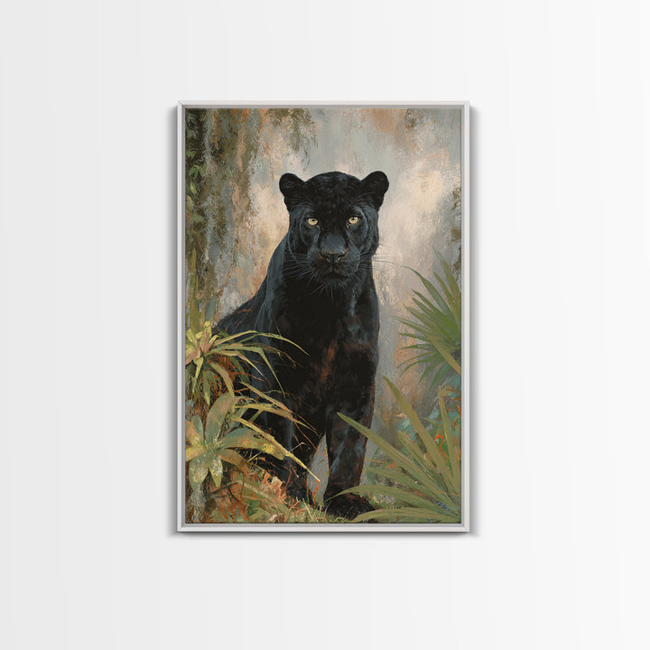 Dramatic Black Panther Emerging from Deep Jungle Framed Canvas Print, Animal Art, Wall Art, Living Room Decor, Creature, ANI-2x3-38