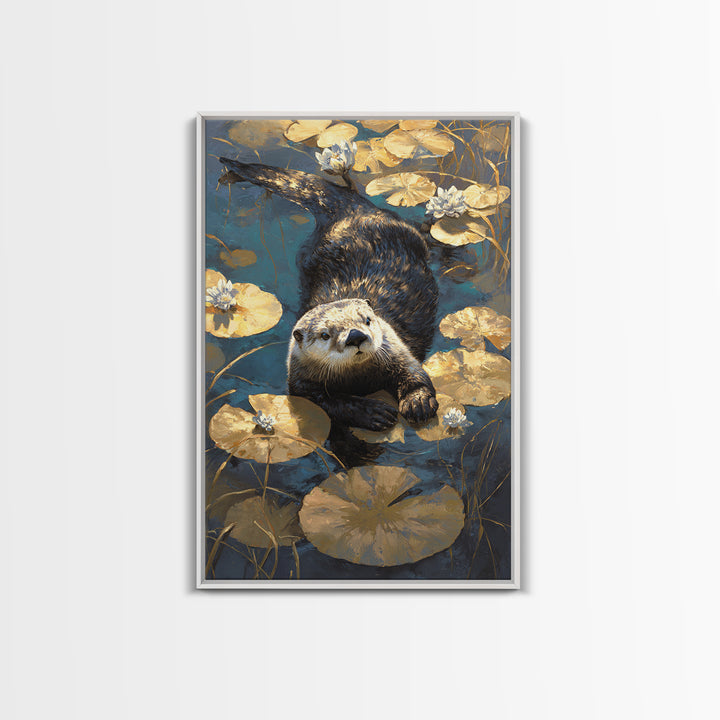 Playful Otter Floating Among Lily Pads Canvas Print, Animal Art, Fine Art Print, Living Room Decor, Fine Art, Creature, ANI-2x3-40