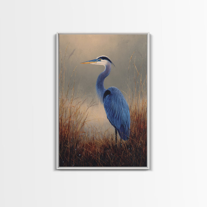 Blue Heron Standing Framed Canvas Print, Animal Art, Contemporary Art, Living Room Decor, Fine Art, Creature, Digital Wall Art, ANI-2x3-43