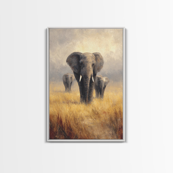 Elephant Family Walking Through Dusty Golden Light Canvas Print, Animal Art, Textured Painting, Living Room Decor, Creature, ANI-2x3-46
