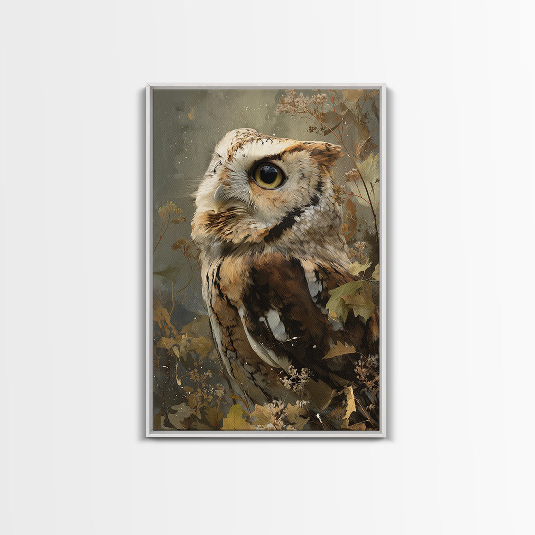 Owl with Moonlit Feathers and Celestial Accents Framed Canvas Print, Animal Art, Wall Art, Living Room Decor, Abstract Art, ANI-2x3-47