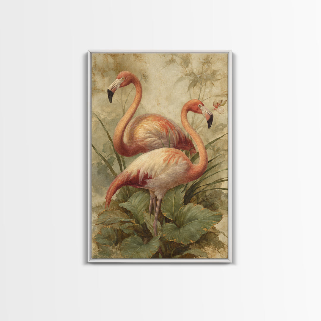 Flamingo Pair in Elegant Coral and Cream Framed Canvas Print, Animal Art, Room Decor, Living Room Decor, Oil Painting, Creature, ANI-2x3-51