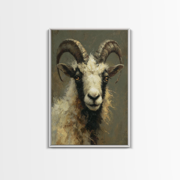 Goat Portrait with Rustic Folk Art Personality Framed Canvas Print, Animal Art, Digital Art, Living Room Decor, Oil Painting, ANI-2x3-53