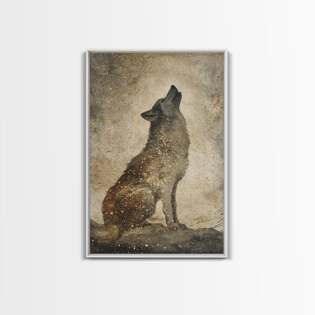 Wolf Silhouette Beneath a Star Filled Sky Canvas Print, Animal Art, Minimalist Decor, Living Room Decor, Fine Art, Creature, ANI-2x3-54