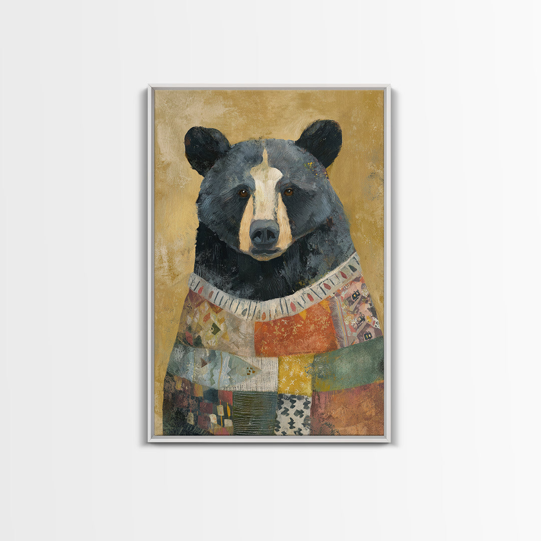 Whimsical Bear in a Patterned Sweater with Canvas Print, Animal Art, Digital Prints, Living Room Decor, Fine Art, Creature, ANI-2x3-58