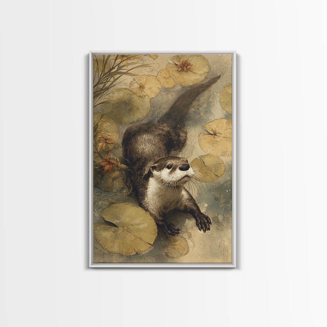 Playful Otter Floating Among Lily Pads Framed Canvas Print, Animal Art, Room Decor, Living Room Decor, Fine Art, Creature, ANI-2x3-64