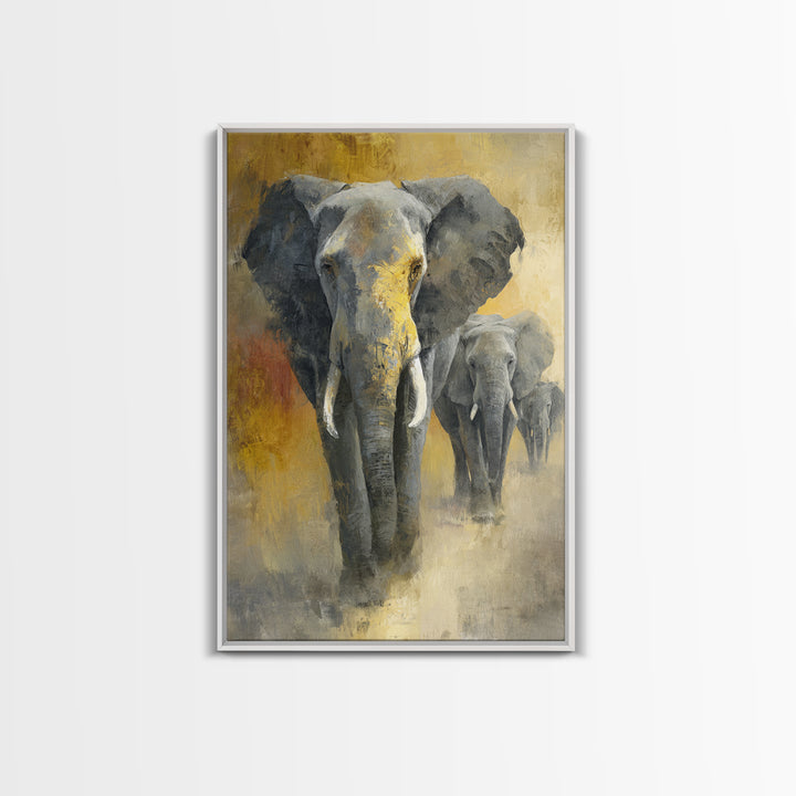 Elephant Family Walking Through Dusty Golden Light Canvas Print, Animal Art, Art, Living Room Decor, Fine Art, Creature, ANI-2x3-70