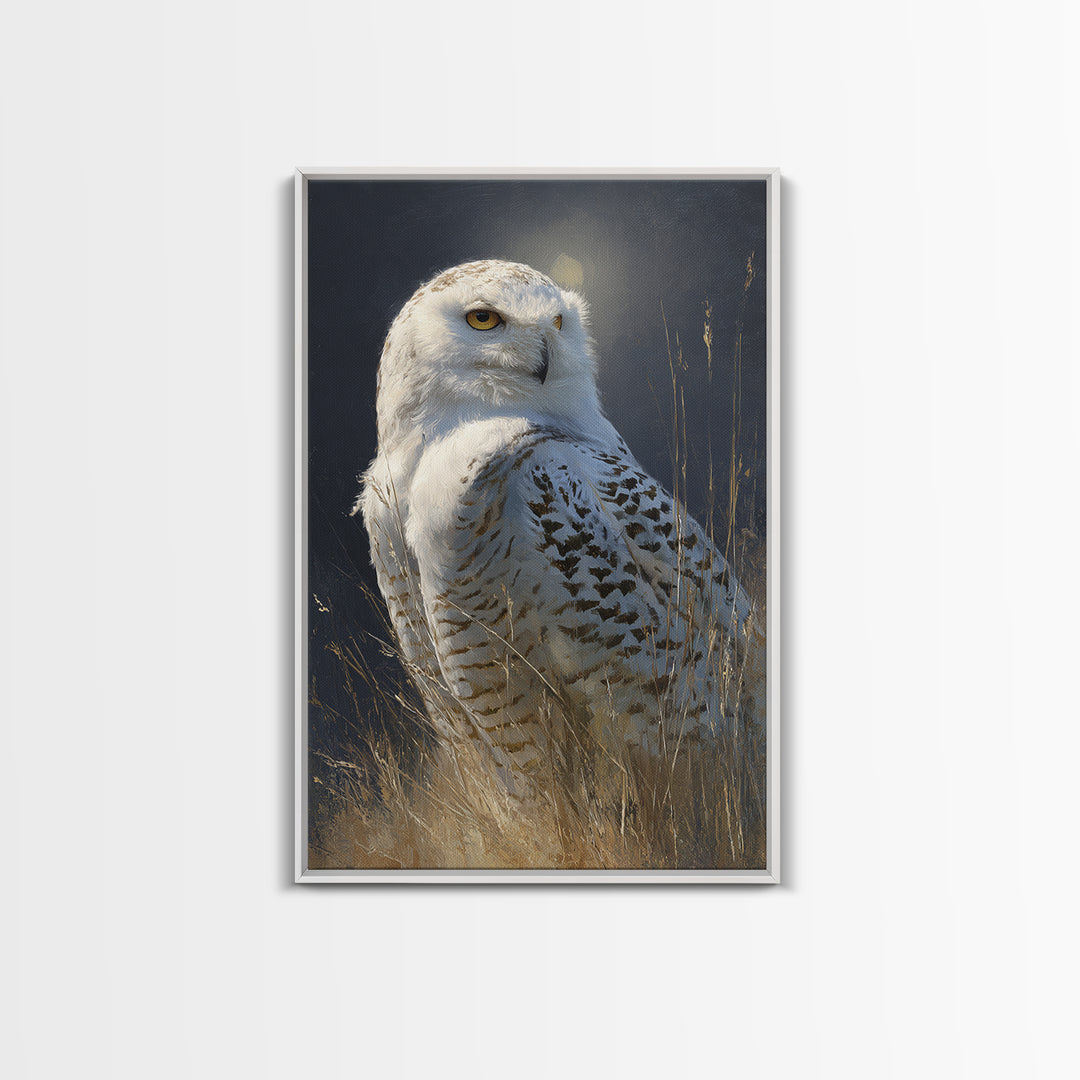 Owl with Moonlit Feathers and Celestial Accents Canvas Print, Animal Art, Print, Living Room Decor, Fine Art, Creature, ANI-2x3-71