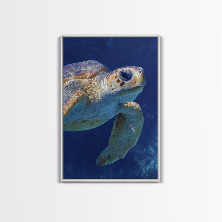 Sea Turtle Drifting Through Luminous Blue Water Framed Canvas Print, Animal Art, Living Room Decor, Watercolor Art, Creature, ANI-2x3-74