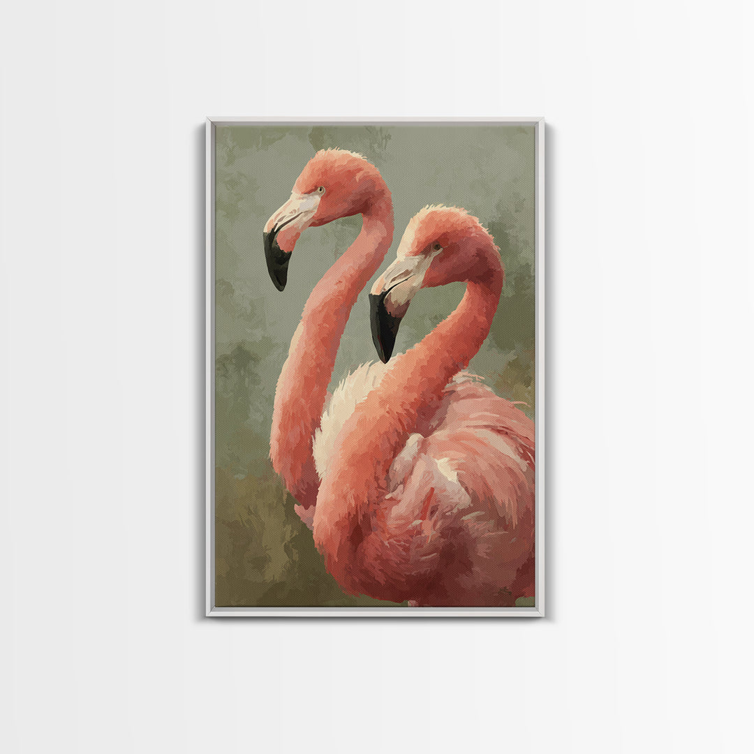 Flamingo Pair in Elegant Coral and Cream Framed Canvas Print, Animal Art, Digital Art, Living Room Decor, Fine Art, Creature, ANI-2x3-75