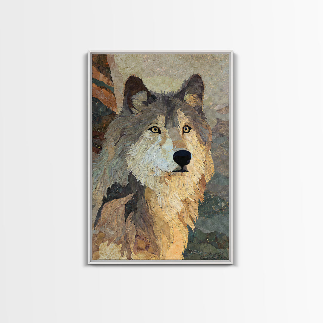 Wolf Silhouette Beneath a Star Filled Sky Framed Canvas Print, Animal Art, Decor, Living Room Decor, Fine Art, Creature, ANI-2x3-78
