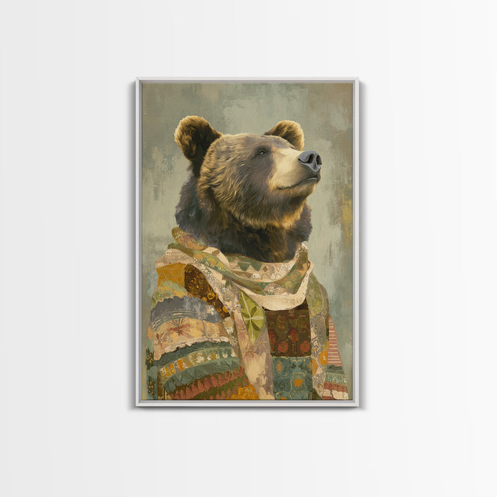 Whimsical Bear in a Patterned Sweater with Canvas Print, Animal Art, Digital Prints, Living Room Decor, Fine Art, Creature, ANI-2x3-82