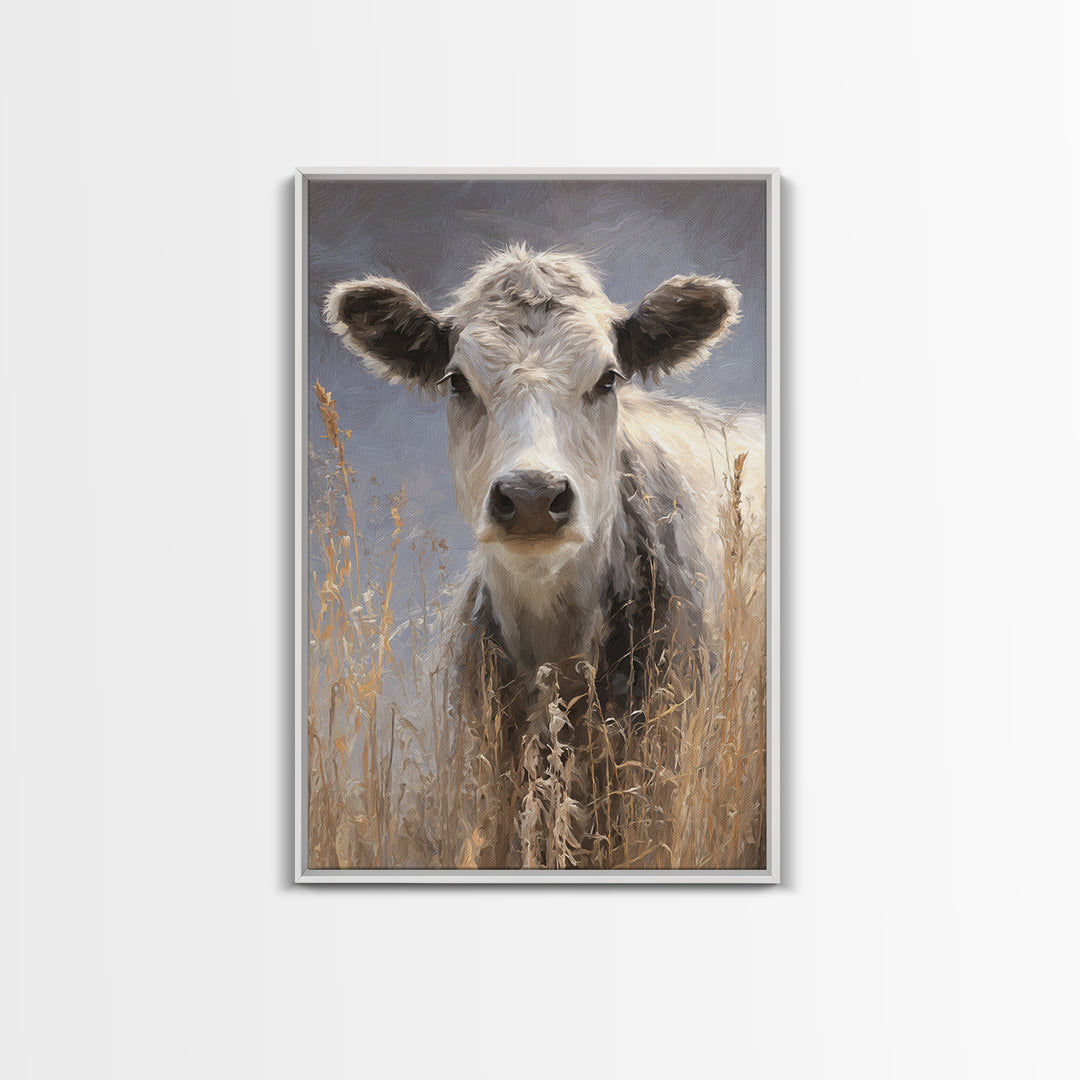 Gentle Cow Portrait Framed Canvas Print, Animal Art, Nursery Wall Art, Living Room Decor, Fine Art, Creature, Trendy Wall Art, ANI-2x3-87
