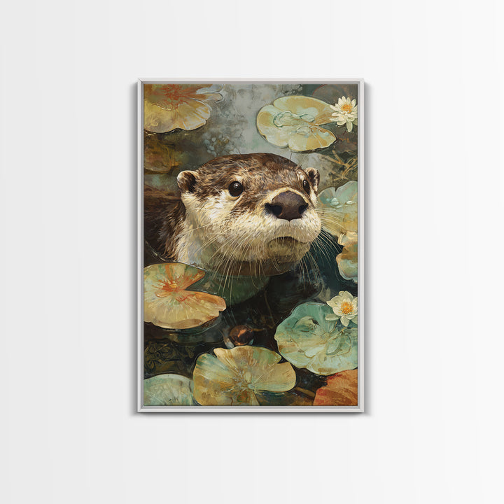 Playful Otter Floating Among Lily Pads Framed Canvas Print, Animal Art, Digital Art, Living Room Decor, Fine Art, Creature, ANI-2x3-88